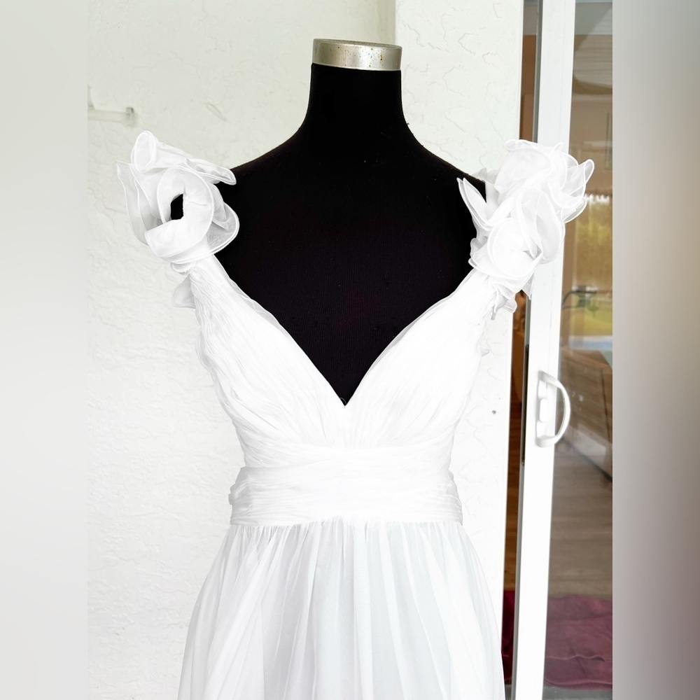 Mac Duggal White Ruffle Rosette Tiered Cut Out Chiffon 67911 Maxi Dress Wedding - Picture 4 of 8